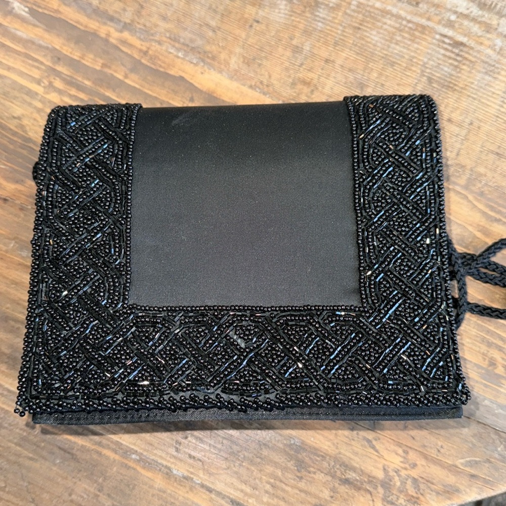Claudia Barnes Square Satin Evening Bag Clutch Purse Black w Beading